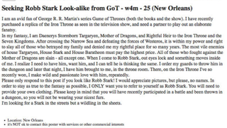Craigslist Khaleesi Seeks Robb Stark To Bang On Iron Throne